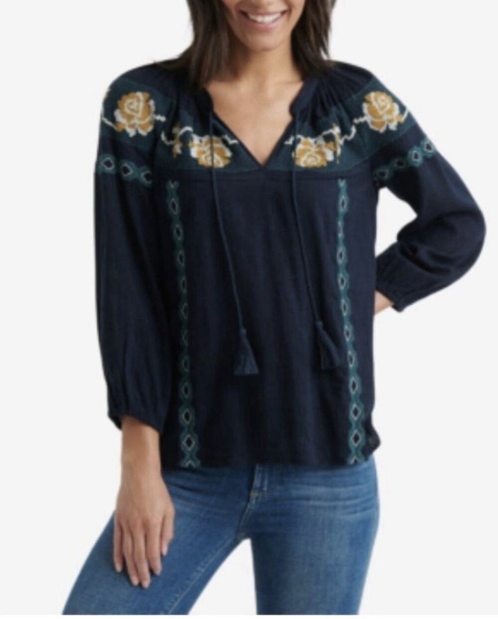 Lucky Brand Women’s M Peasant Top Blouse Boho Long Sleeve Embroidered Shirt